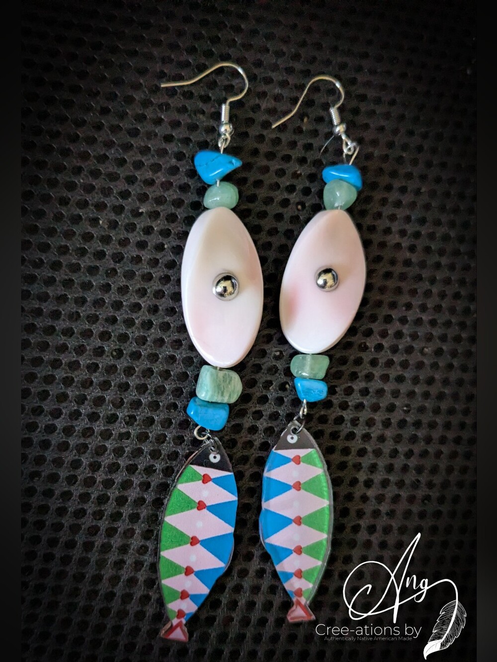 Pink Conch Shell & Turquoise Tribal Fish Drop Statement Earrings